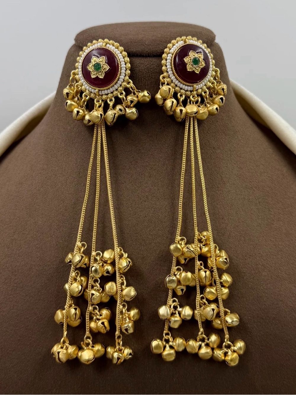 Gold-Tone Maroon & Green Jhumka Tassel Earrings